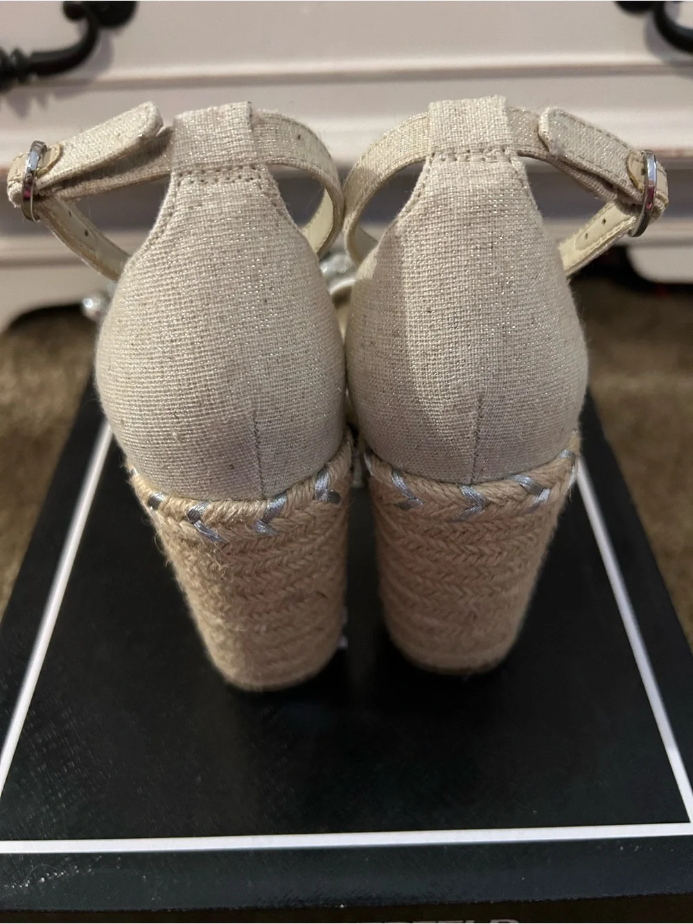 Karl Lagerfeld Ivory Crystal-Pearl Ankle-Strap Wedge Sandals